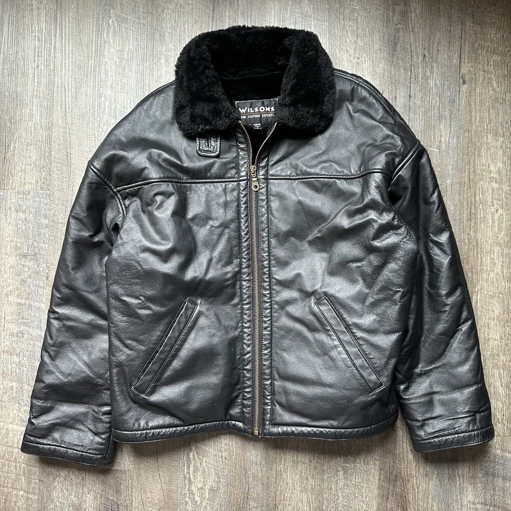 Vintage Wilsons Leather Jacket Mens Large Faux Fur Lined Hooded Bomber 90s